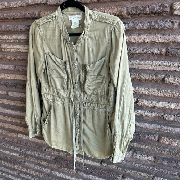 Anthropologie Staring At Stars Army Green Tie Waist Shirt Lightweight Jacket - Picture 1 of 11